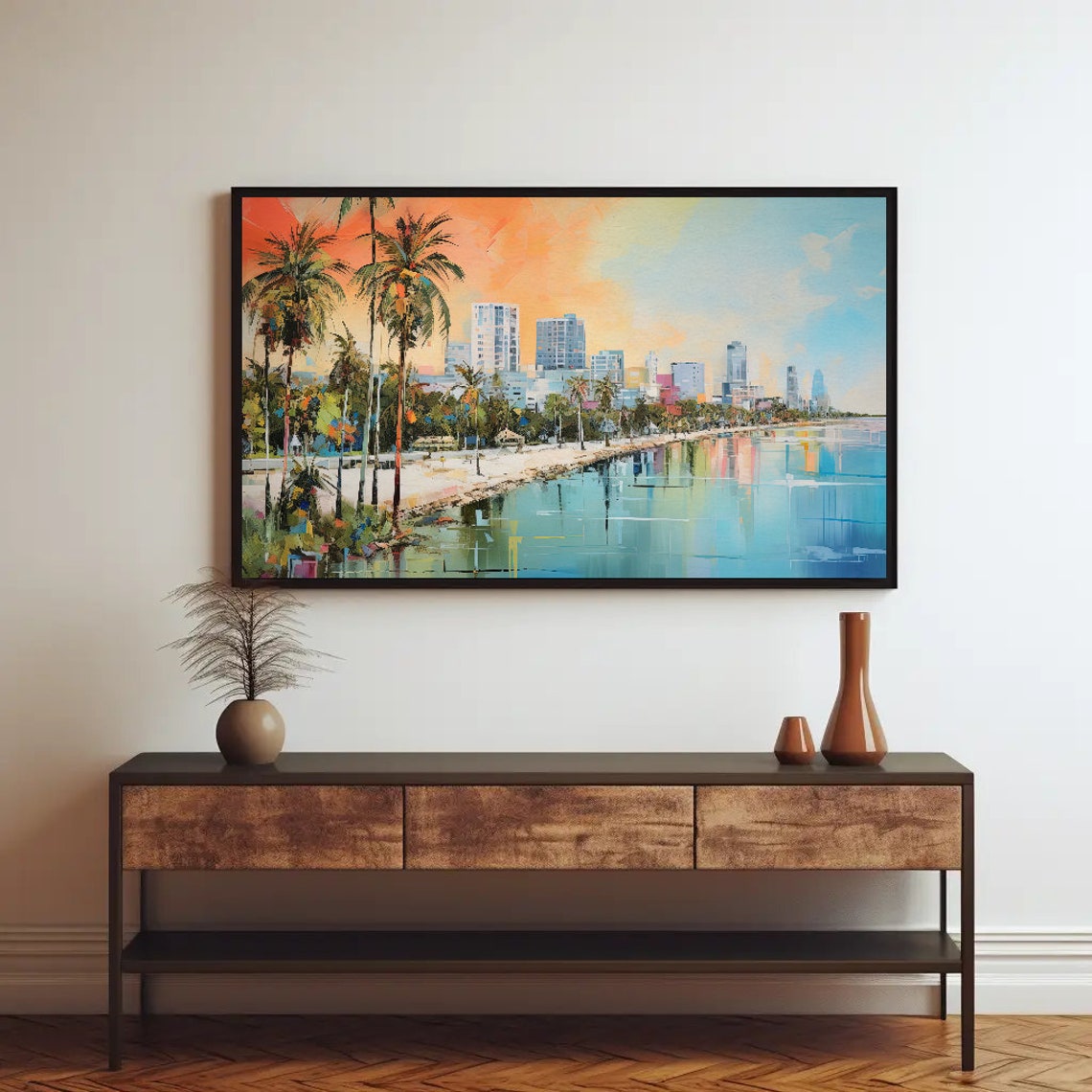 Tropical Beachfront City Skyline at Sunset Colorful Painting Poster - Image 3