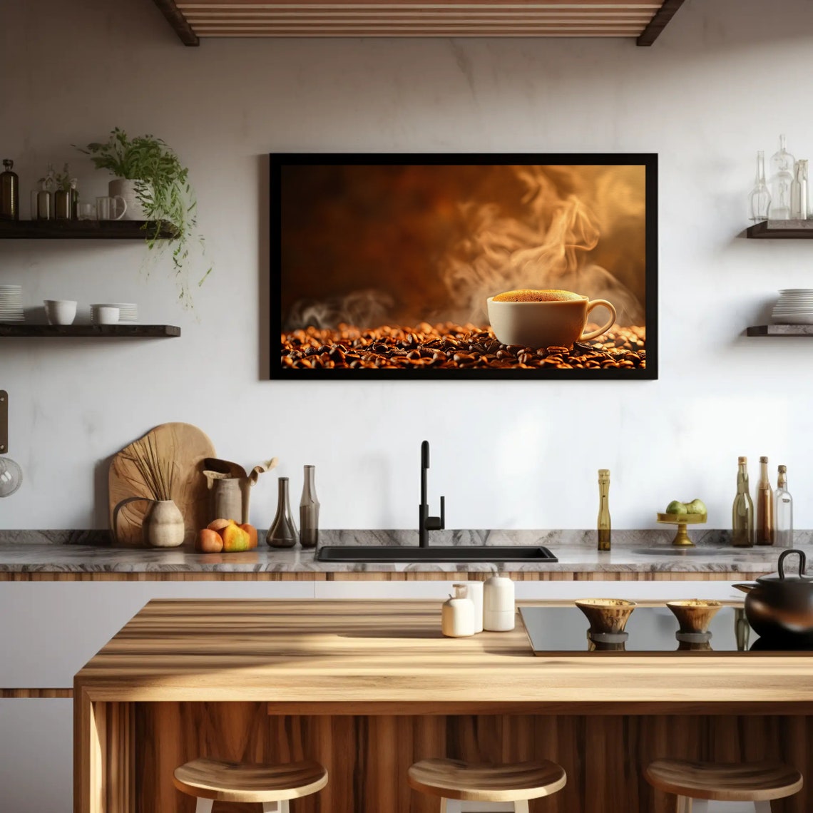 Brown Coffee Cup Print For Kitchen Or Cafe Coffee Beans Hot Coffee Painting Wall Art Ready To Hang - Image 4