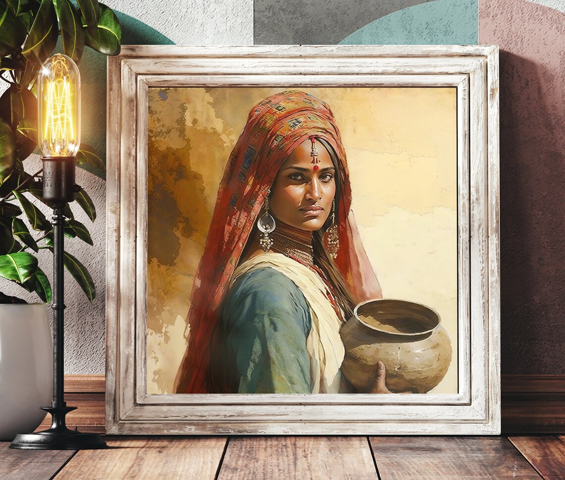 Portrait of Indian Woman With Clay Pot and Red Headscarf Poster
