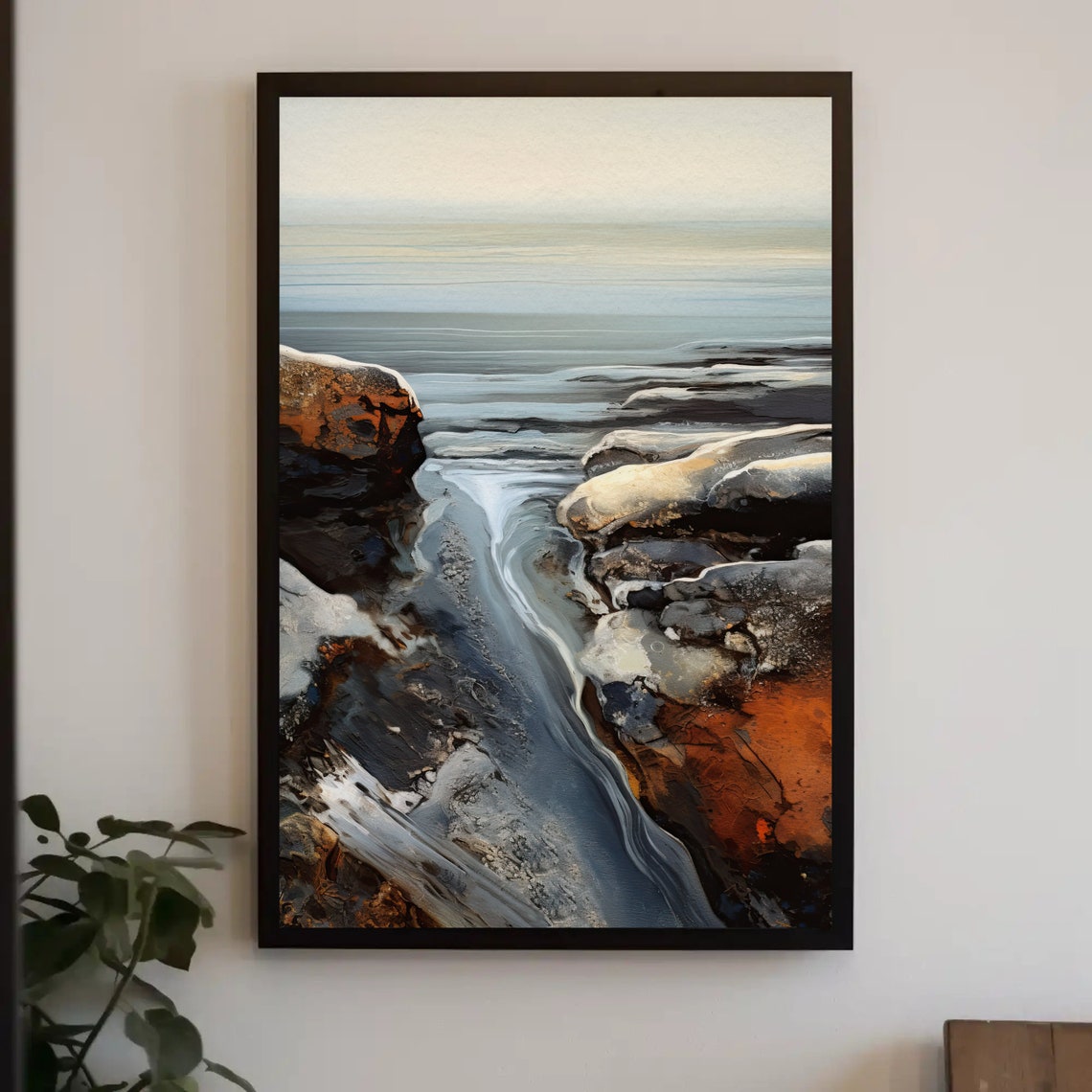 Abstract Rocky Coastline With Waves in Rust and Blue Art Poster