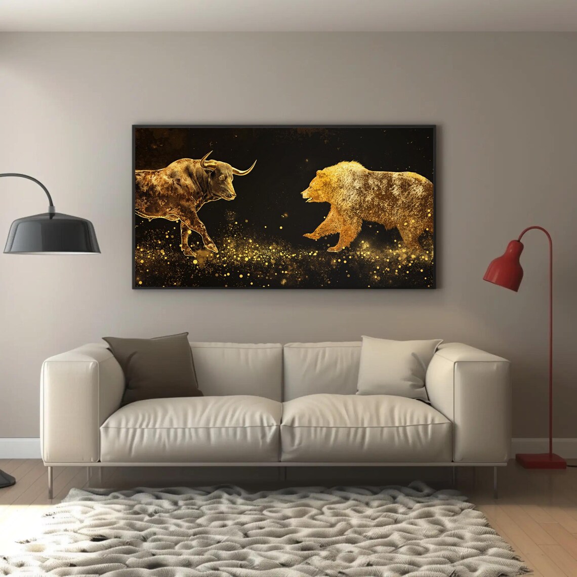 Shimmering Gold Bull Versus Bear Stock Market Art on Black Poster - Image 3