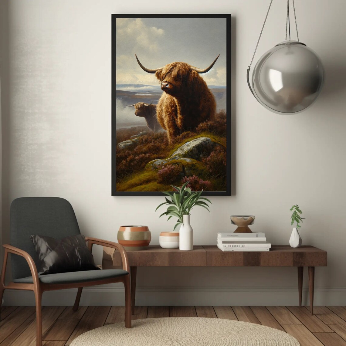 Highland Cow On Heather Hillside Misty Moorland Oil Painting Poster - Image 2