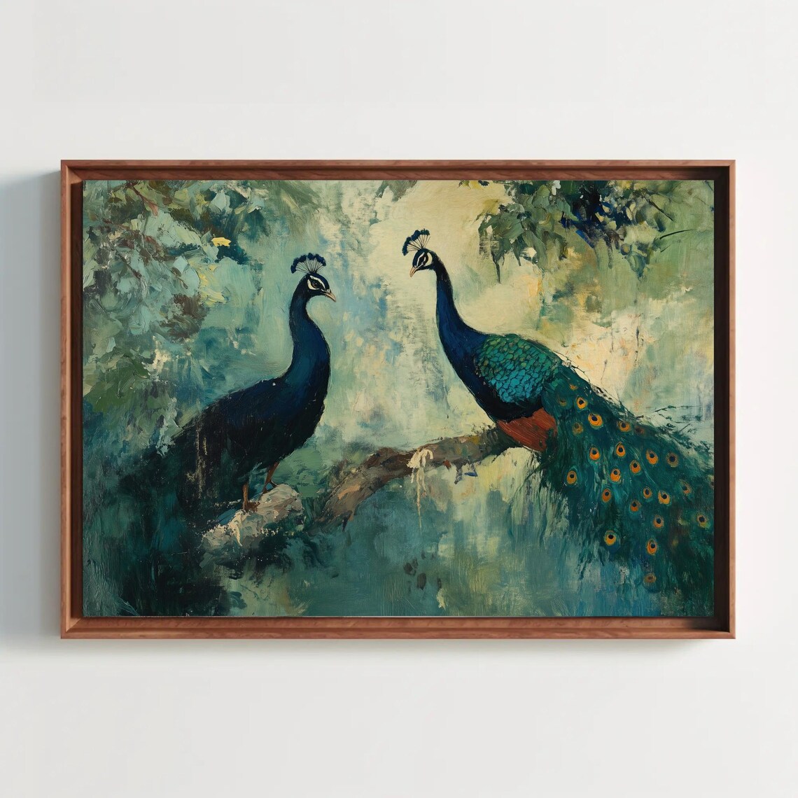 Two Serene Peacocks On A Branch In Sage Green Painting Poster