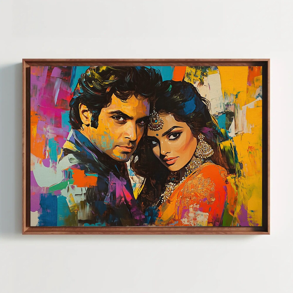 Bollywood Style Indian Couple Embrace Vibrant Pop Art Poster