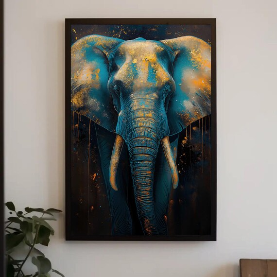Elephant Painting In Turquoise And Gold Luxury Decor Framed Elegant Artwork For Living Room Bedroom Office Ready To Hang
