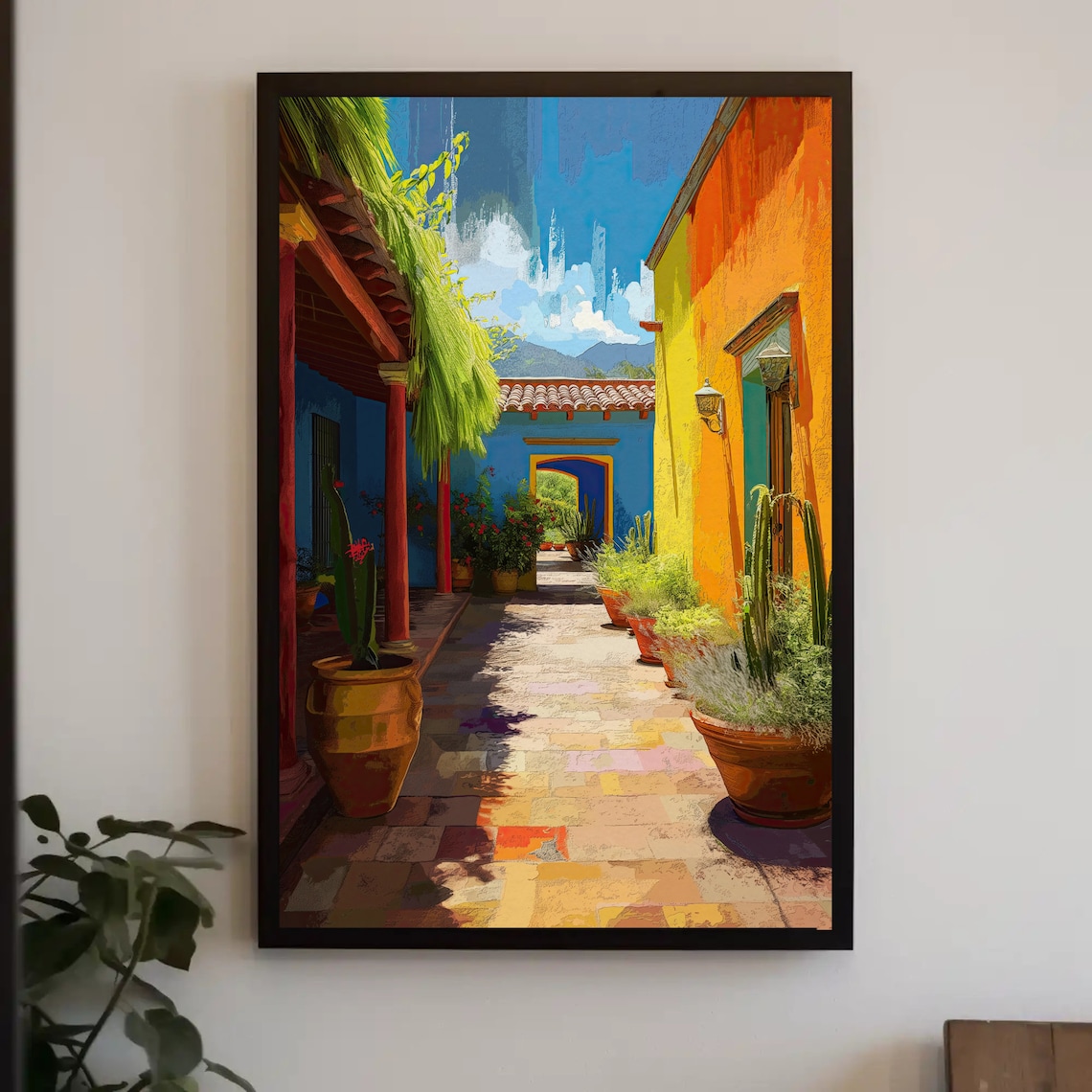Colorful Mexican Courtyard Colonial Street Vibrant Painting Poster
