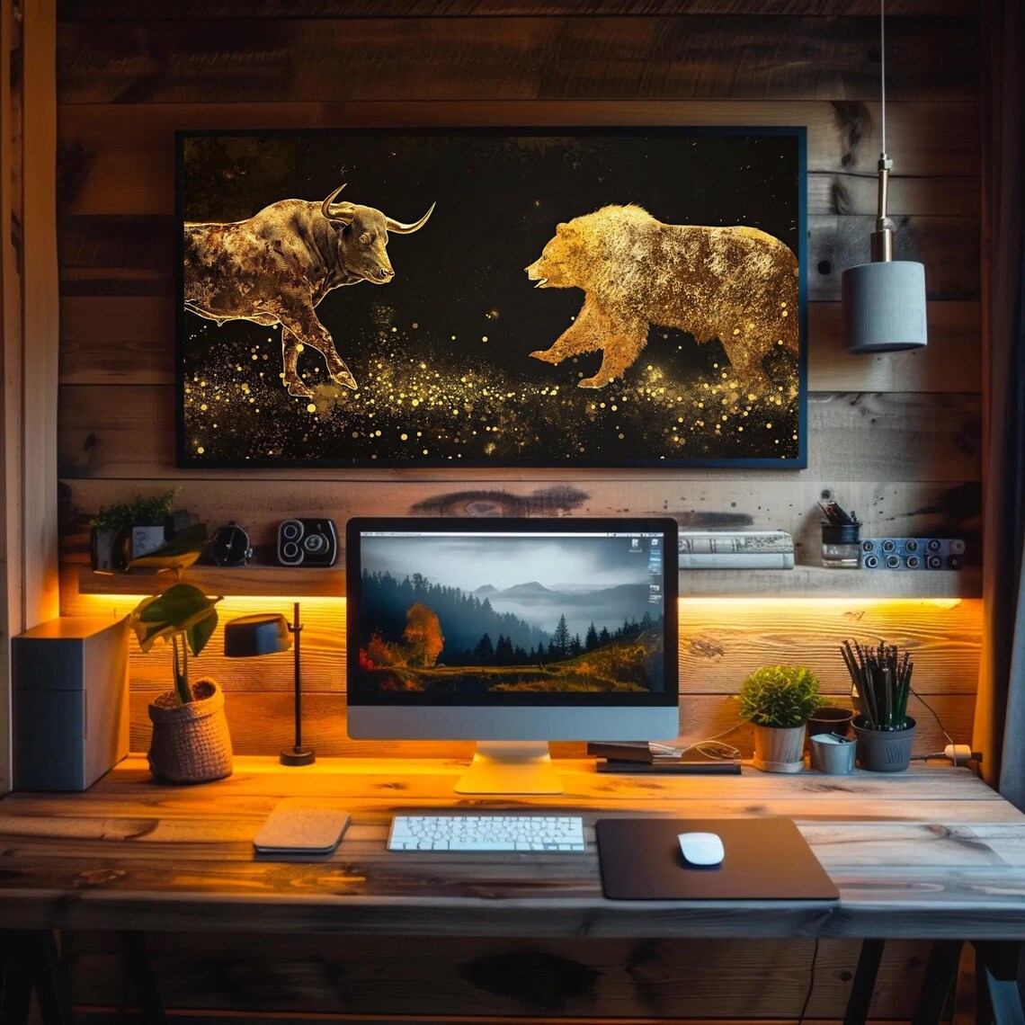 Shimmering Gold Bull Versus Bear Stock Market Art on Black Poster