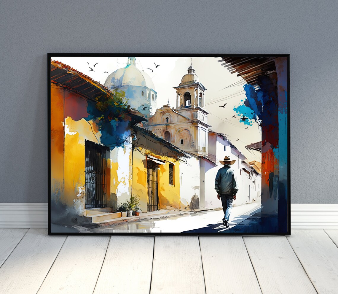 Mexican Colonial Village Church Street Watercolor Art Poster - Image 2