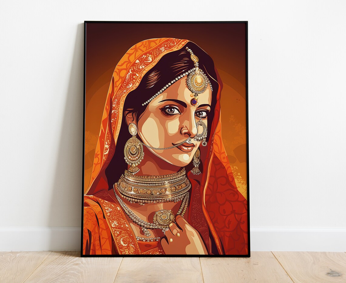 Indian Bride In Orange Veil Traditional Jewelry Portrait Art Poster - Image 4