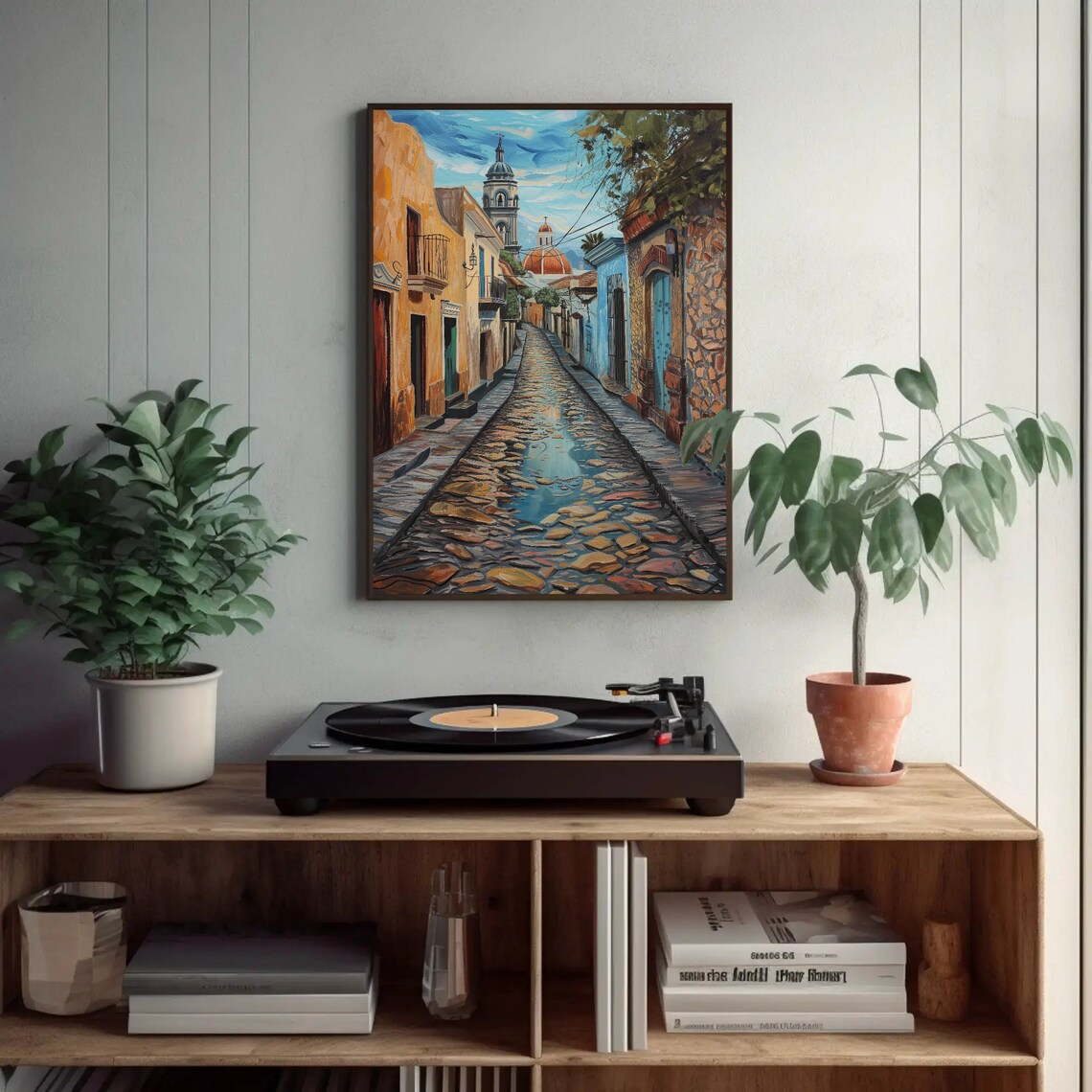 Old Mexican Cobblestone Street Church Watercolor Travel Poster - Image 2