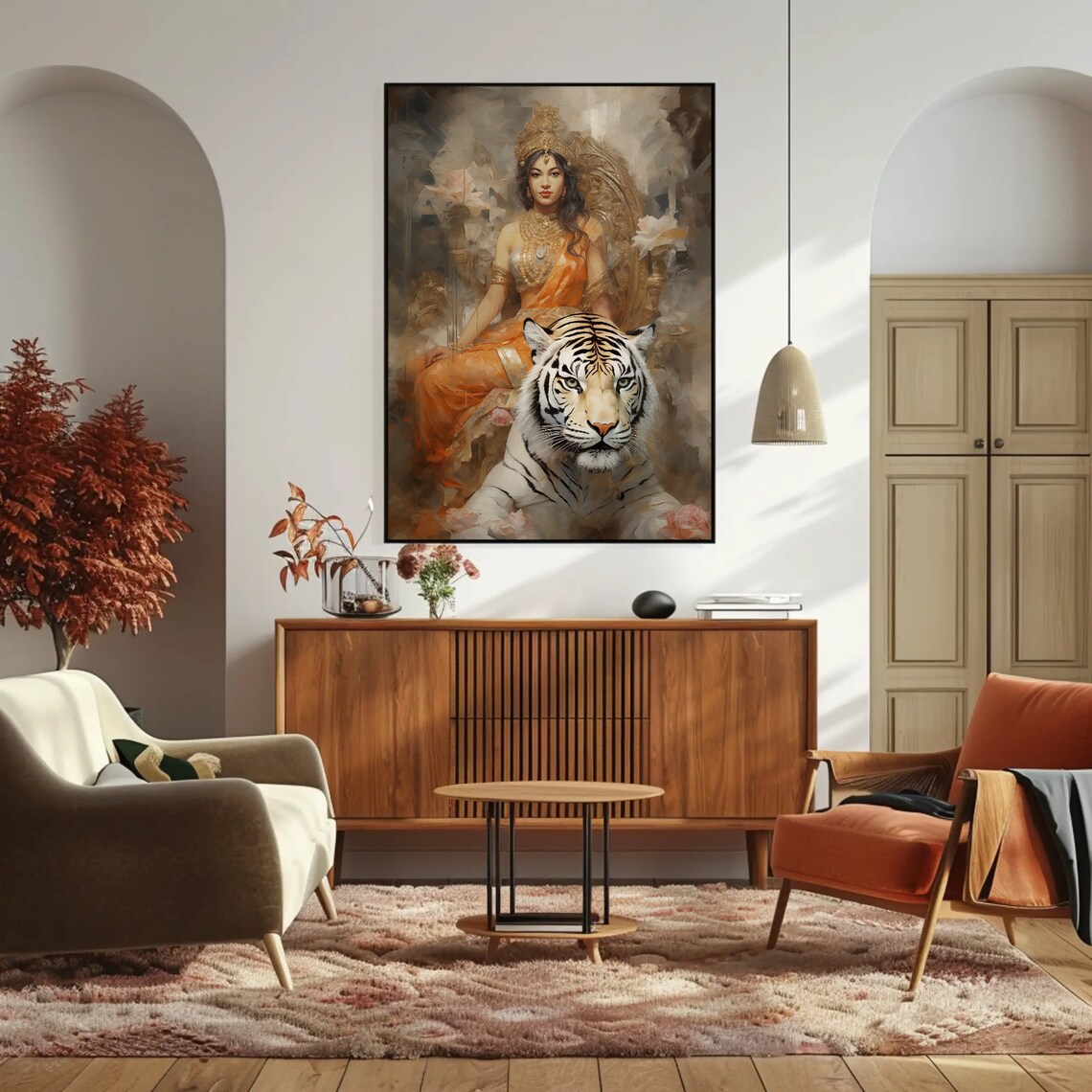 Hindu Goddess Durga White Tiger Orange Saree Deity Painting Poster - Image 2