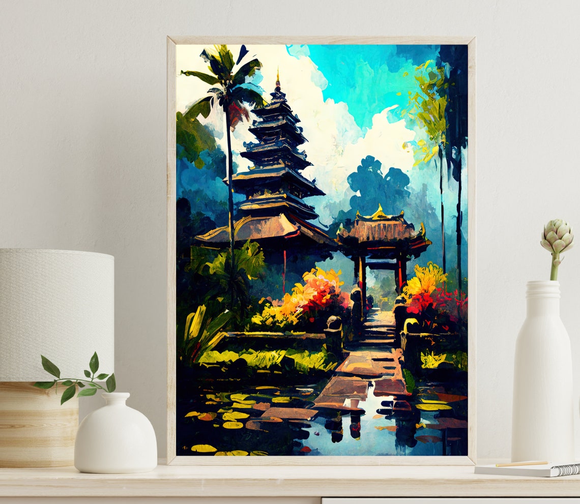 Bali Indonesia Tiered Temple Lotus Pond Palm Trees Scene Poster