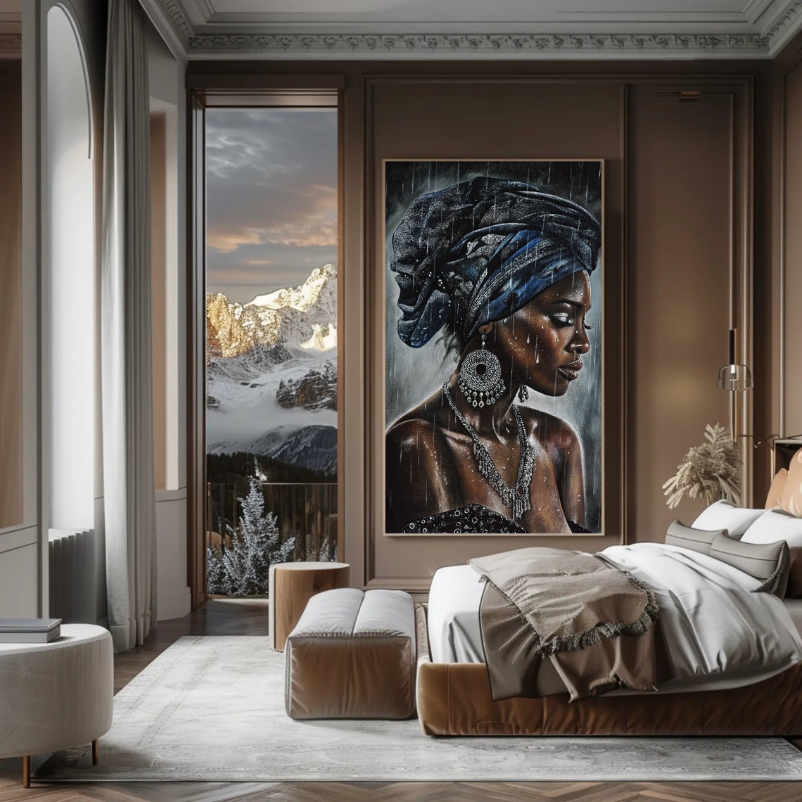 African Woman in Rain Blue Headwrap Silver Jewelry Portrait Art Poster - Image 5