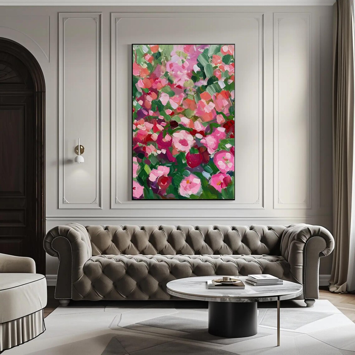 Pink Roses Abstract Impasto Garden Floral Brushwork Painting Wall Art - Image 3