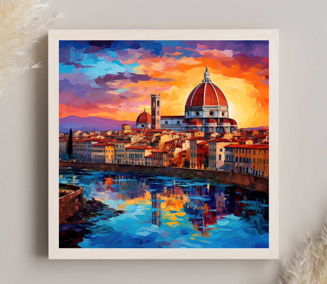 Florence Cathedral Arno River Sunset Reflection Italy Travel Poster