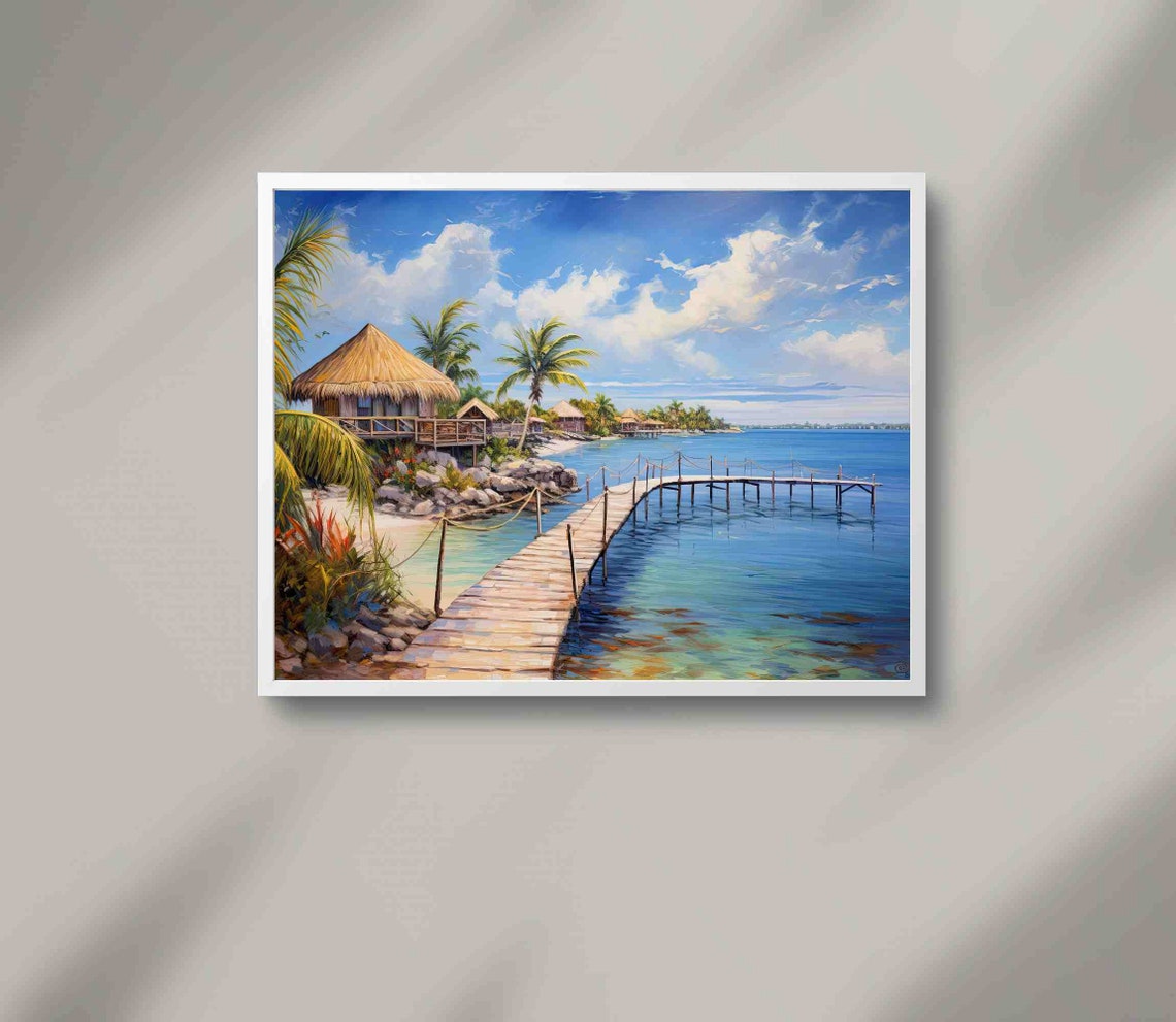 Isla Mujeres Wooden Pier and Palapa Huts Tropical Island Poster - Image 2