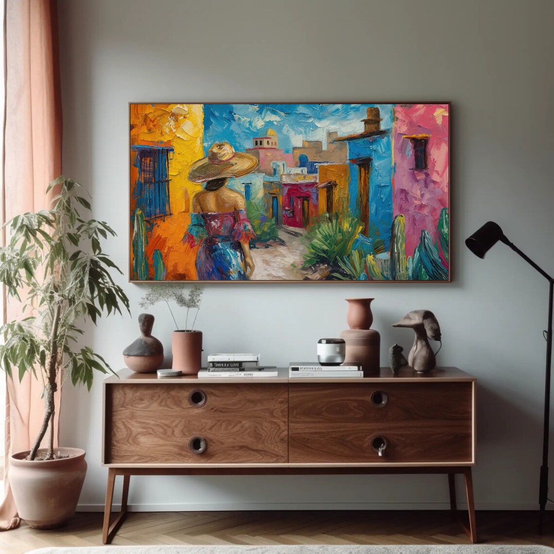 Mexican Woman Sombrero Colorful Village Street Oil Painting Poster - Image 4
