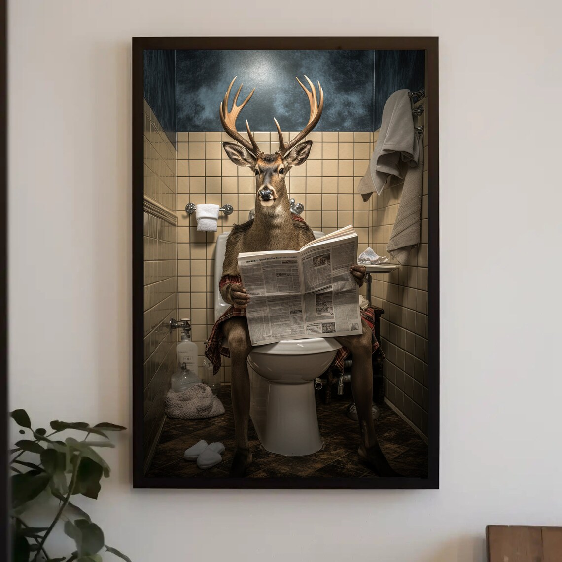 Deer With Antlers Reading Newspaper on Toilet Bathroom Humor Poster