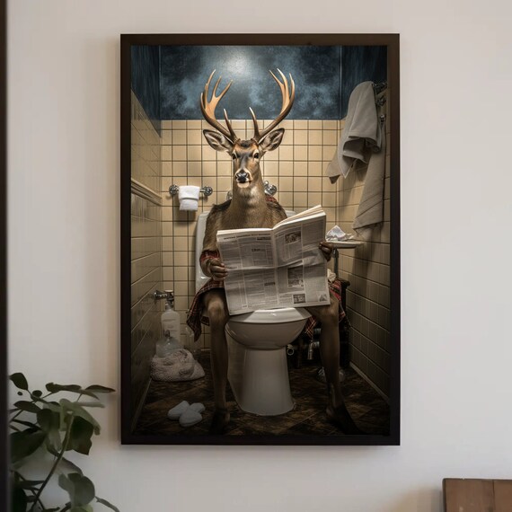Deer With Antlers Reading Newspaper on Toilet Bathroom Humor Poster
