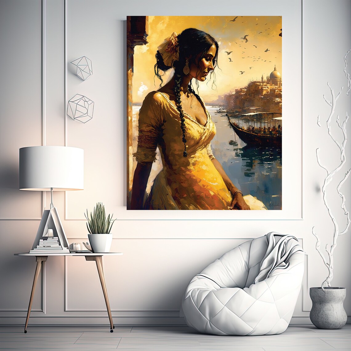 Indian Woman Overlooking Golden River Harbor Painting Poster - Image 3