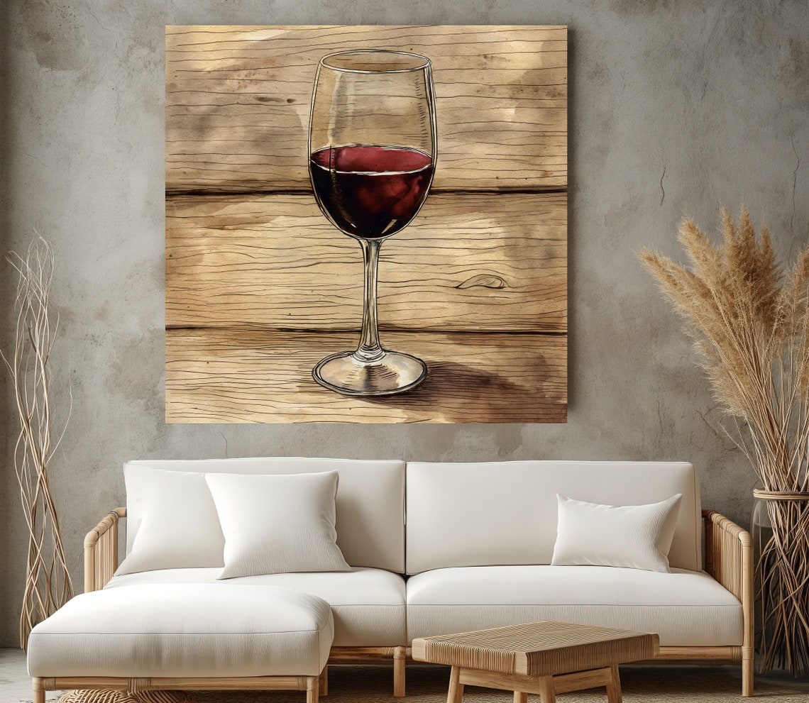 Glass Of Red Wine On Rustic Wood Kitchen Bar Decor Wall Print