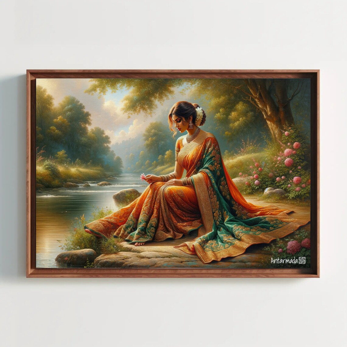 Indian Woman by the River Shore, South Asian Art Print