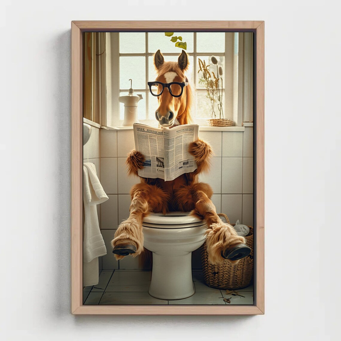 Horse in Glasses Reading Newspaper on Toilet Funny Bathroom Poster