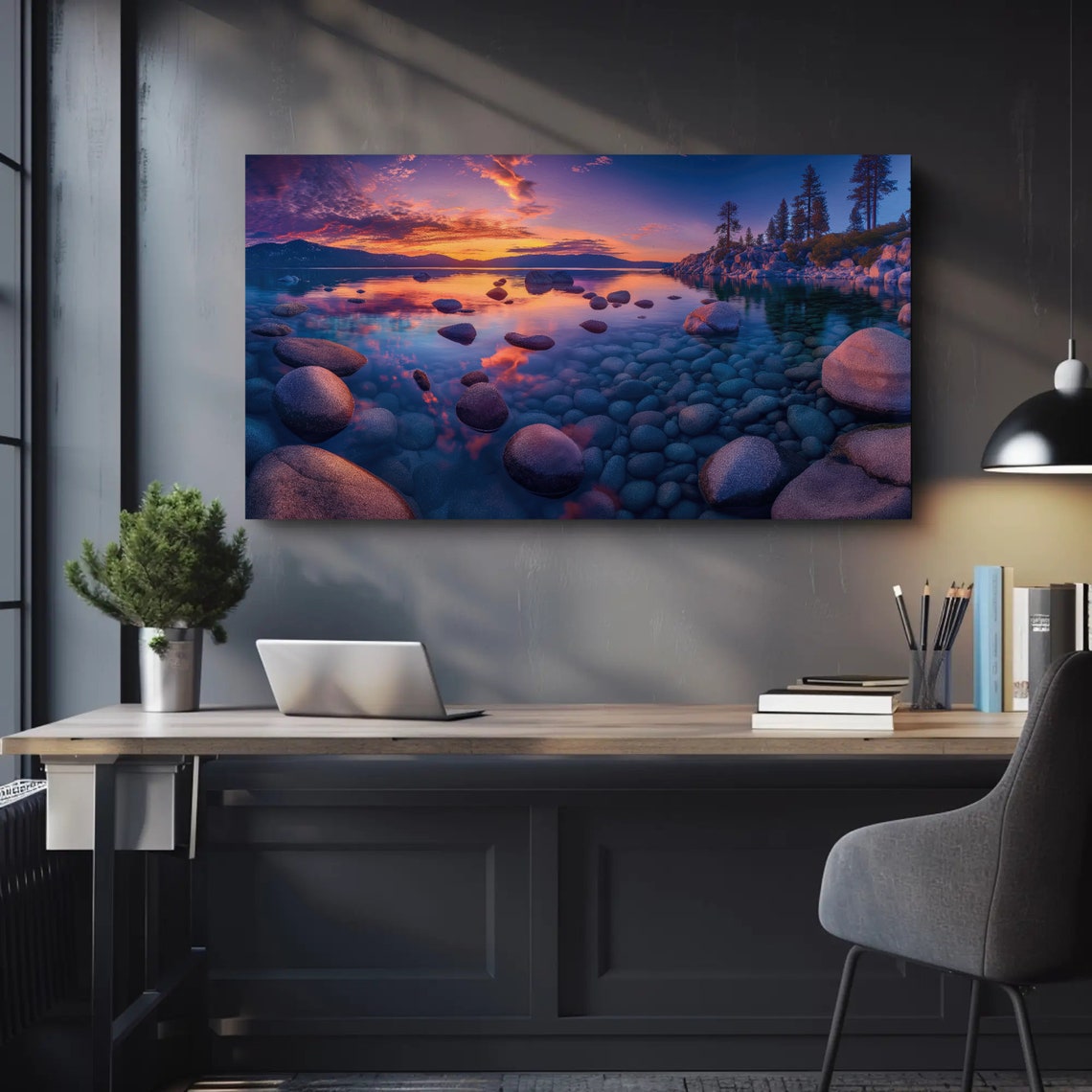 Sunset Lake with Rocky Shore Purple Sky Water Reflection View Poster - Image 3