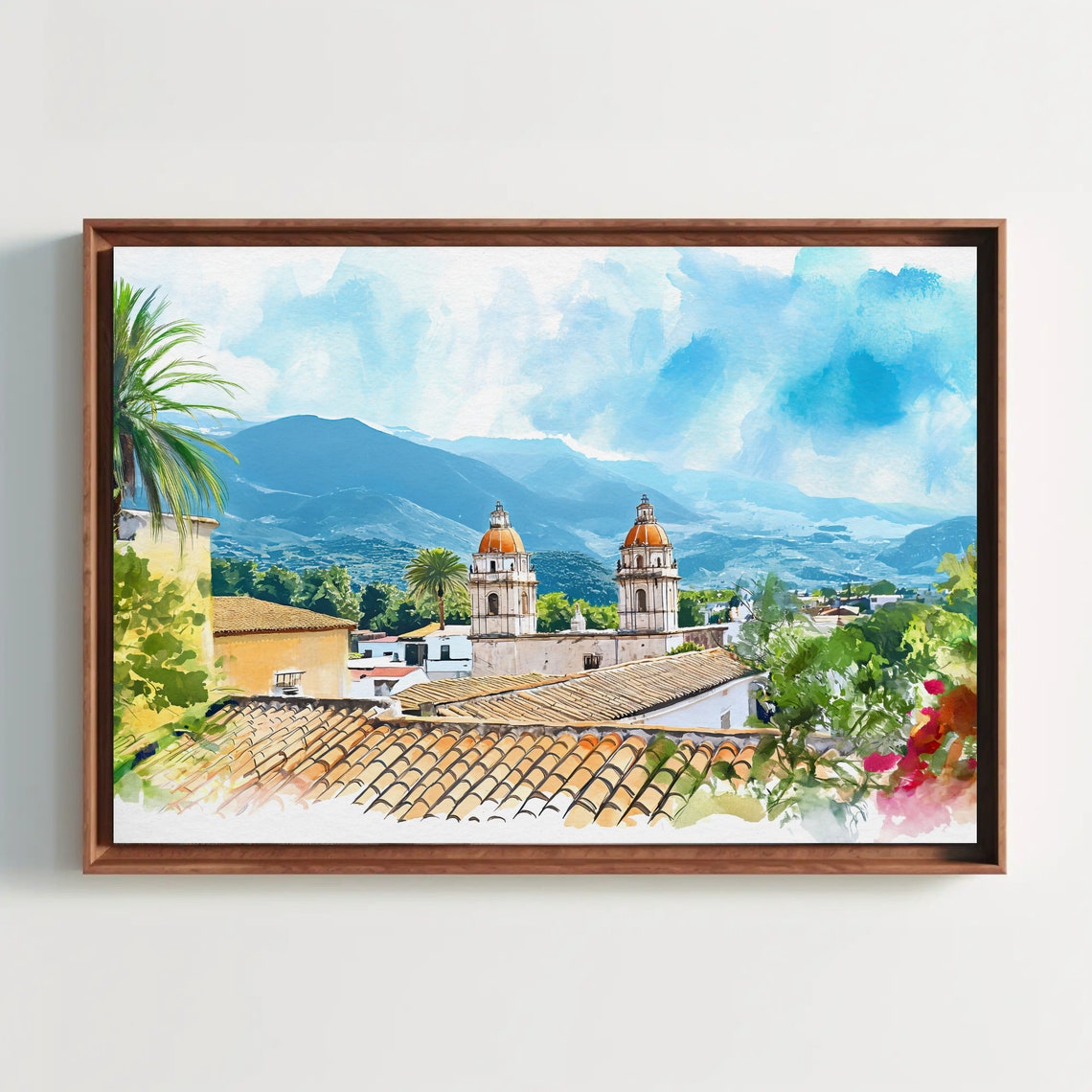 Mexican Rooftops with Church Domes and Blue Mountains Poster