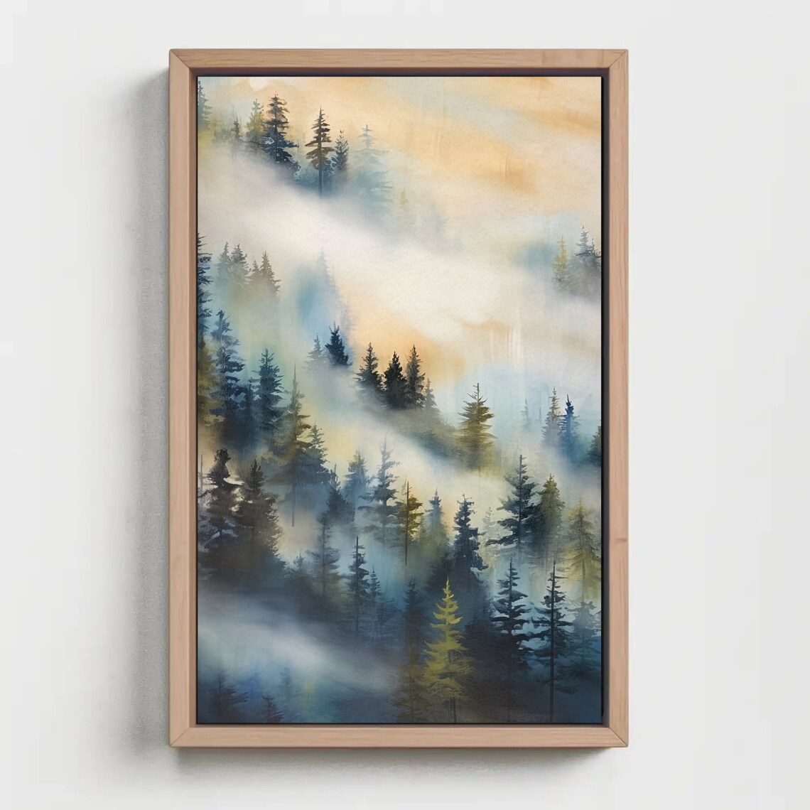 Misty Evergreen Forest Watercolor Foggy Morning Scene Poster