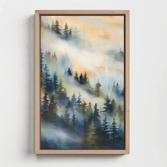 Abstract Foggy Mountain Wall Art Nature Print For Modern Living Room Framed Decor