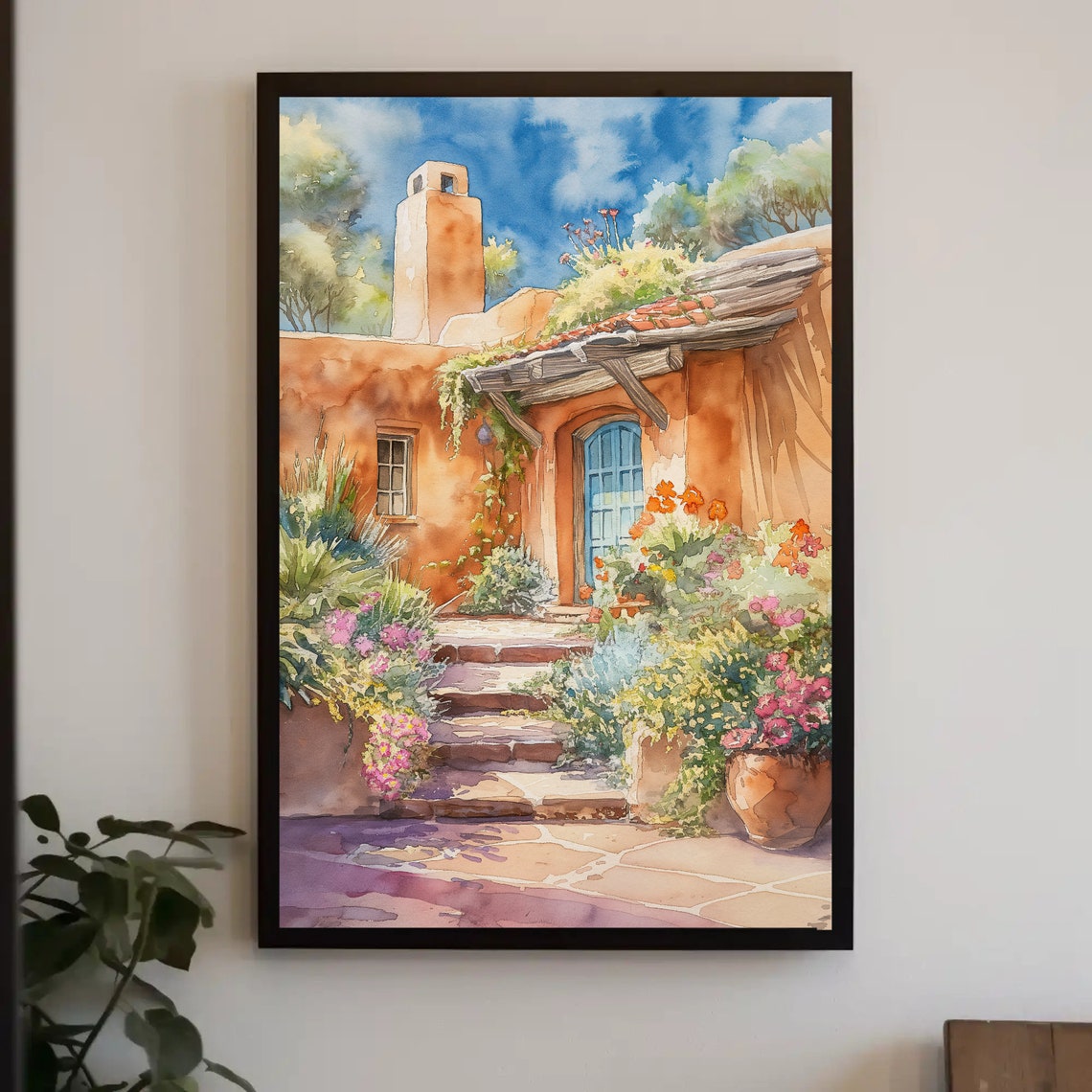 Santa Fe Adobe House With Blue Door Watercolor Painting Poster