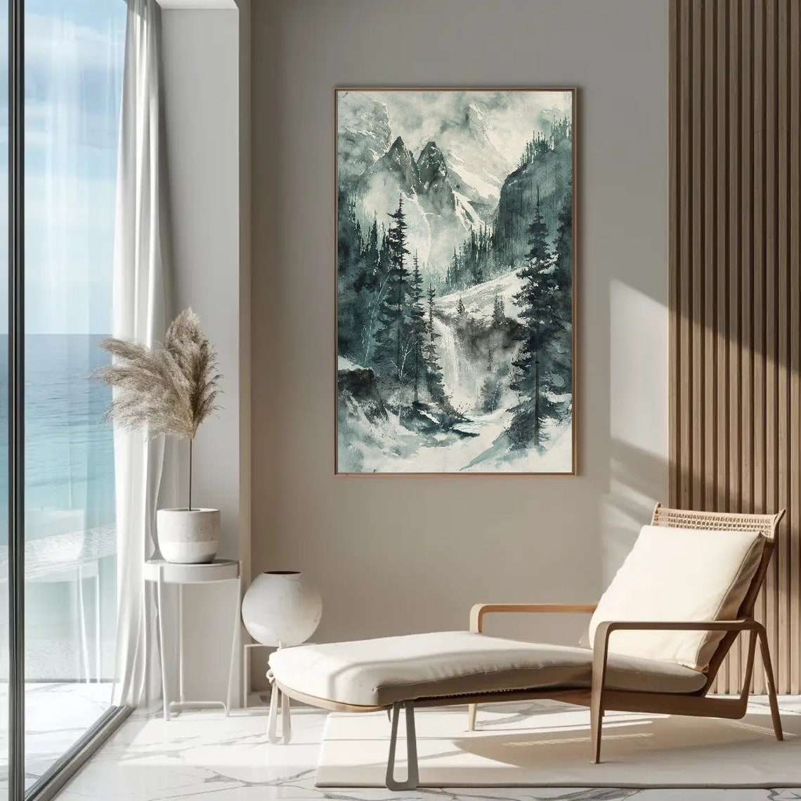 Misty Pine Forest Waterfall Watercolor Snowy Mountains Poster - Image 5