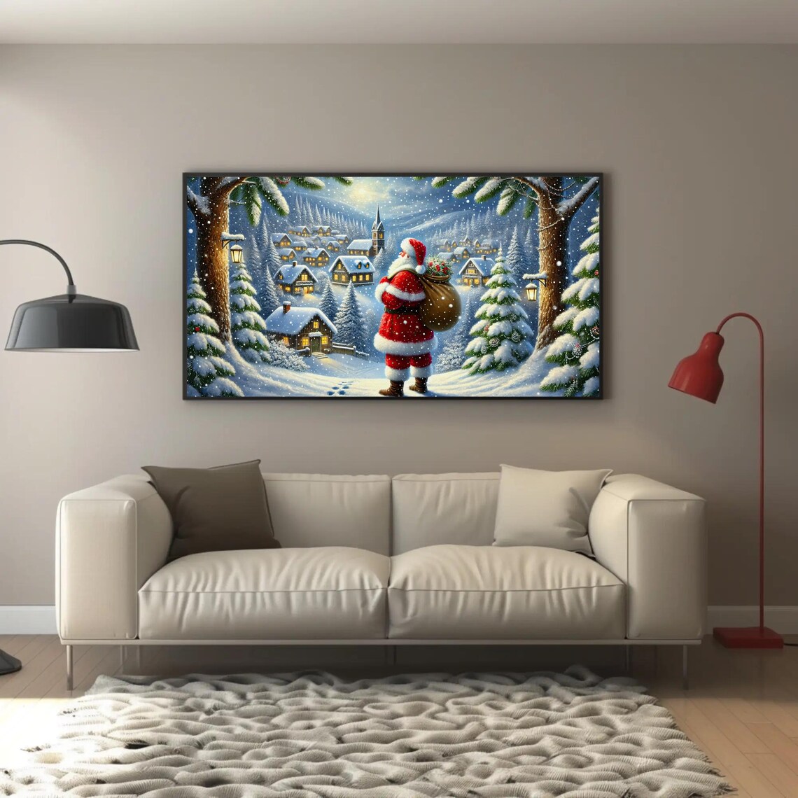 Santa Claus Walking Toward A Snowy Village Under Moonlight Poster - Image 5