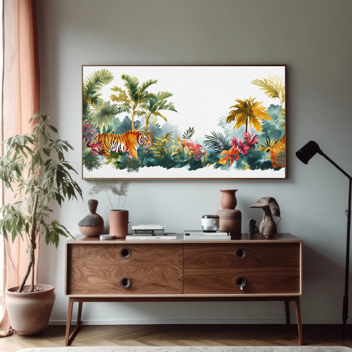 Tiger Walking Through Colorful Tropical Jungle Watercolor Poster - Image 4