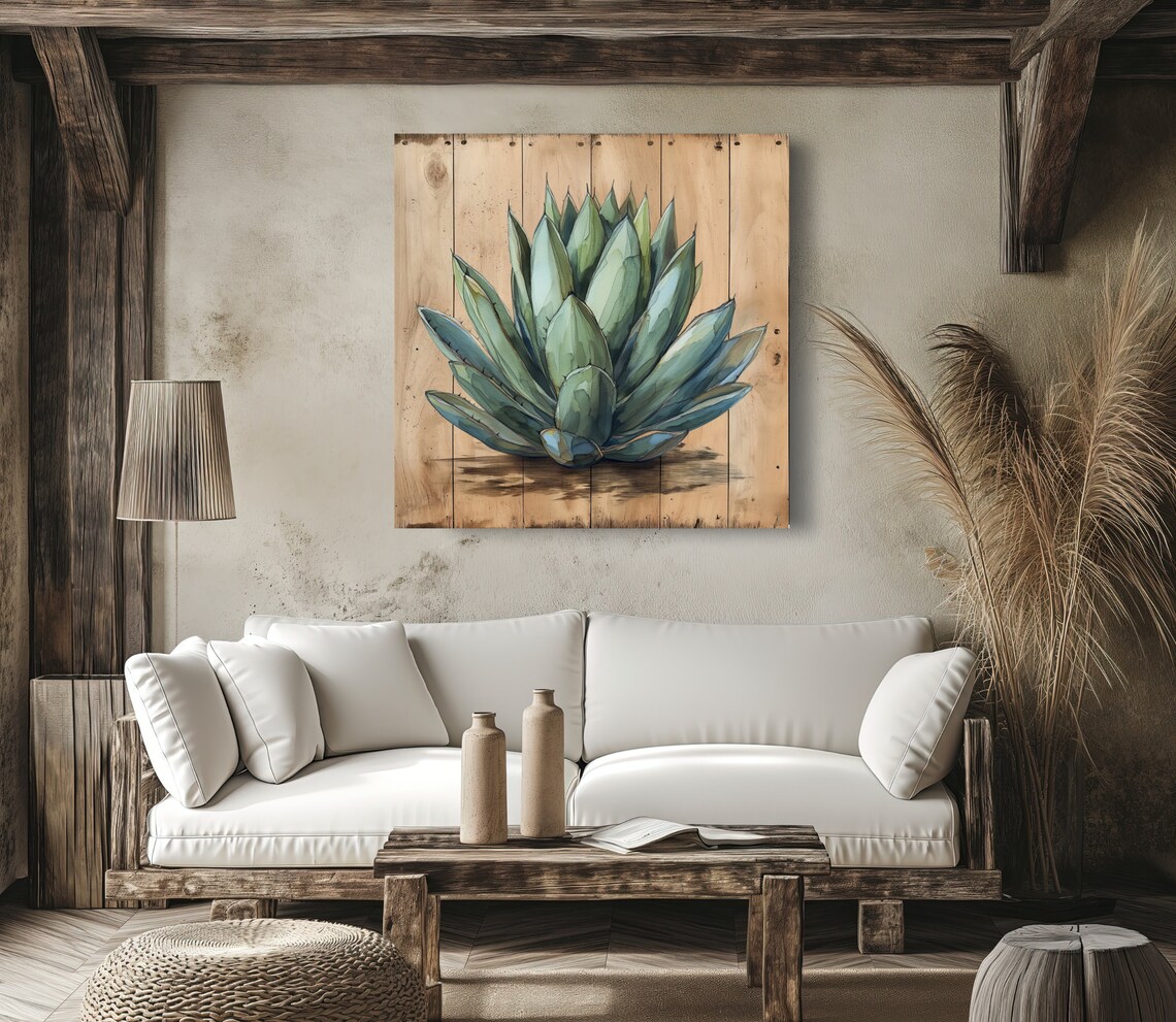 Blue Agave Succulent Watercolor Painting on Wood Plank Wall Poster - Image 4