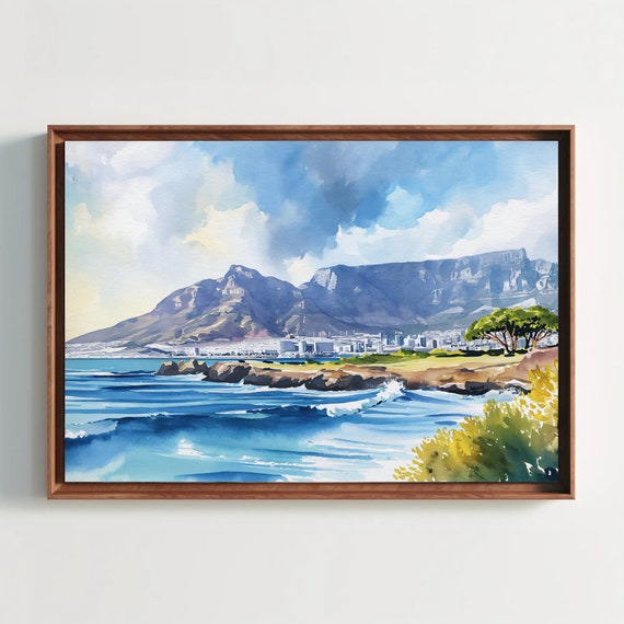 Cape Town Watercolor Print Table Mountain Large Print South African Wall Decor South Africa Art Framed Poster Ready To Hang