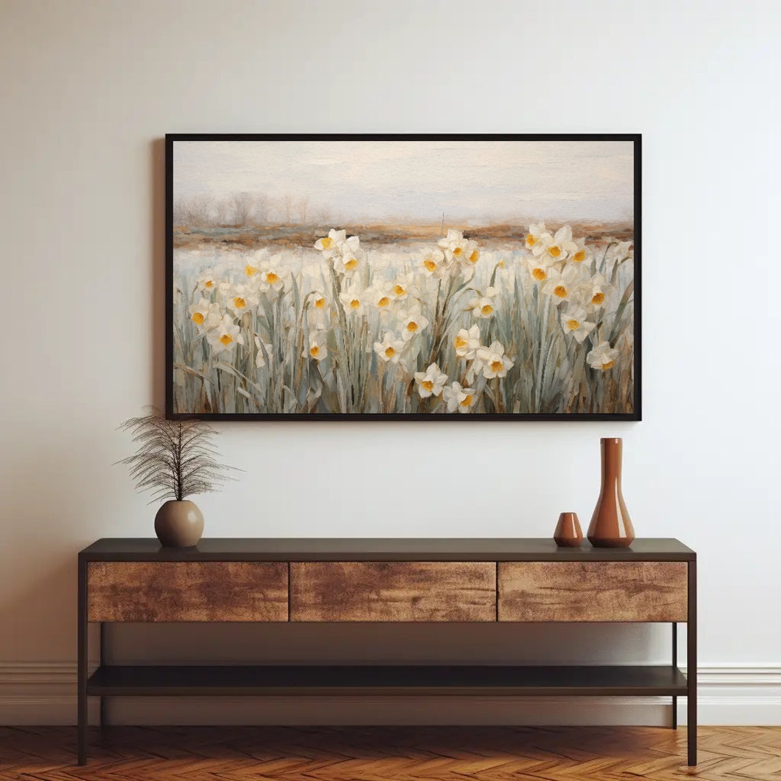 Daffodil Field Painting Nature Artwork Flower Field Large Oil Painting Vintage Oil Painting White Flower Art Decor - Image 2
