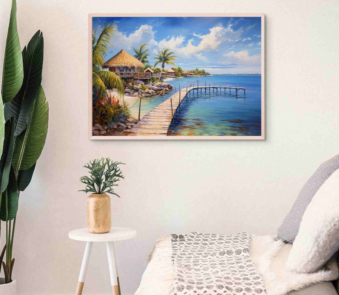 Isla Mujeres Wooden Pier and Palapa Huts Tropical Island Poster - Image 3