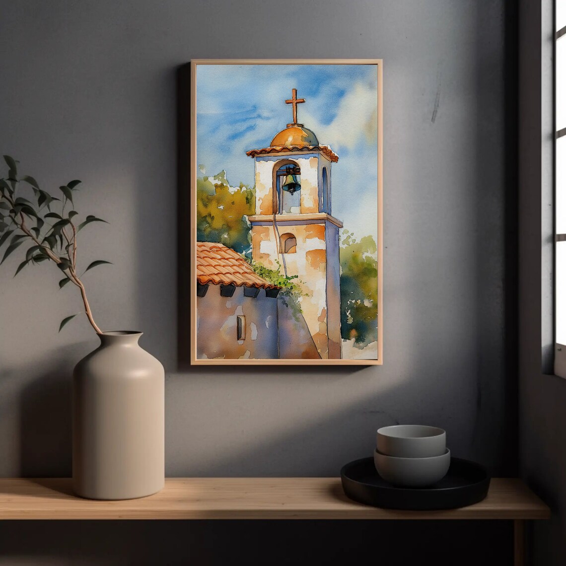 Spanish Chapel Bell Tower Watercolor Cross Dome Painting Poster - Image 3