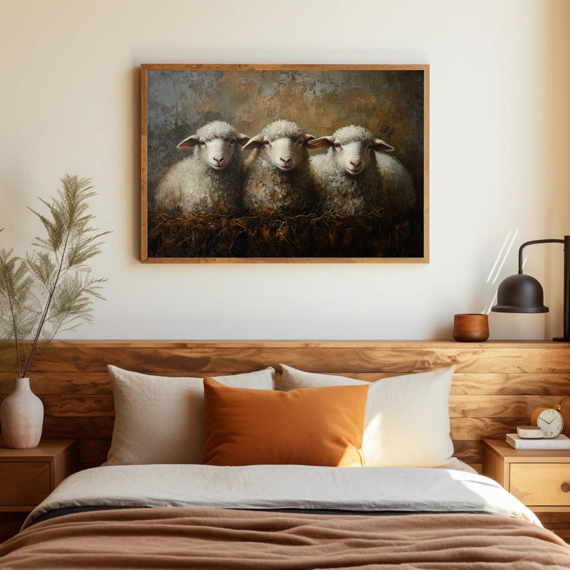 Three Sheep in Straw Against a Warm Brown Oil Background Poster - Image 3