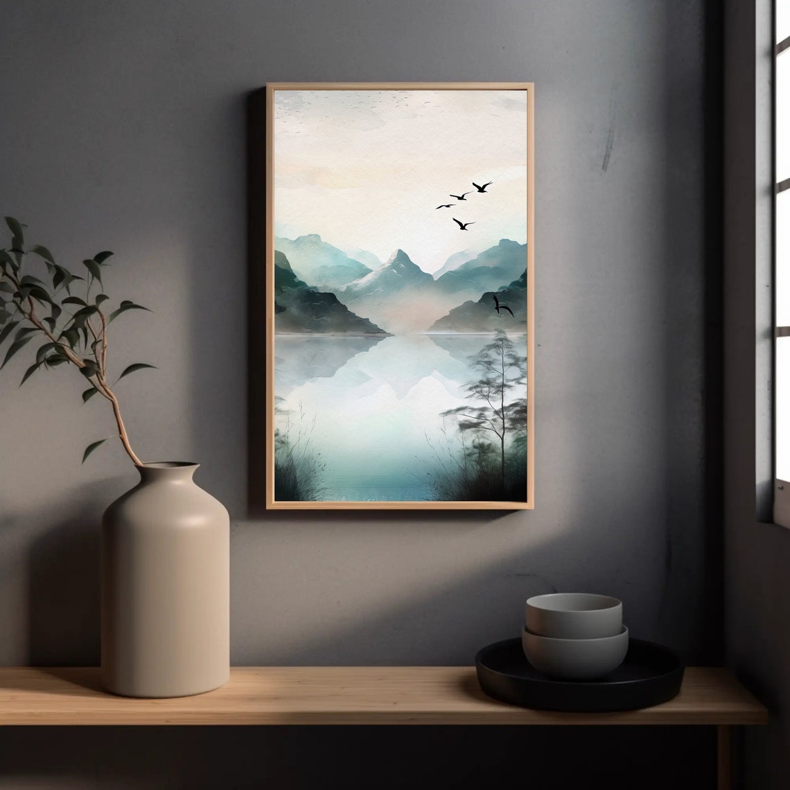 Misty Mountain Lake Reflection With Birds Watercolor Art Poster - Image 2