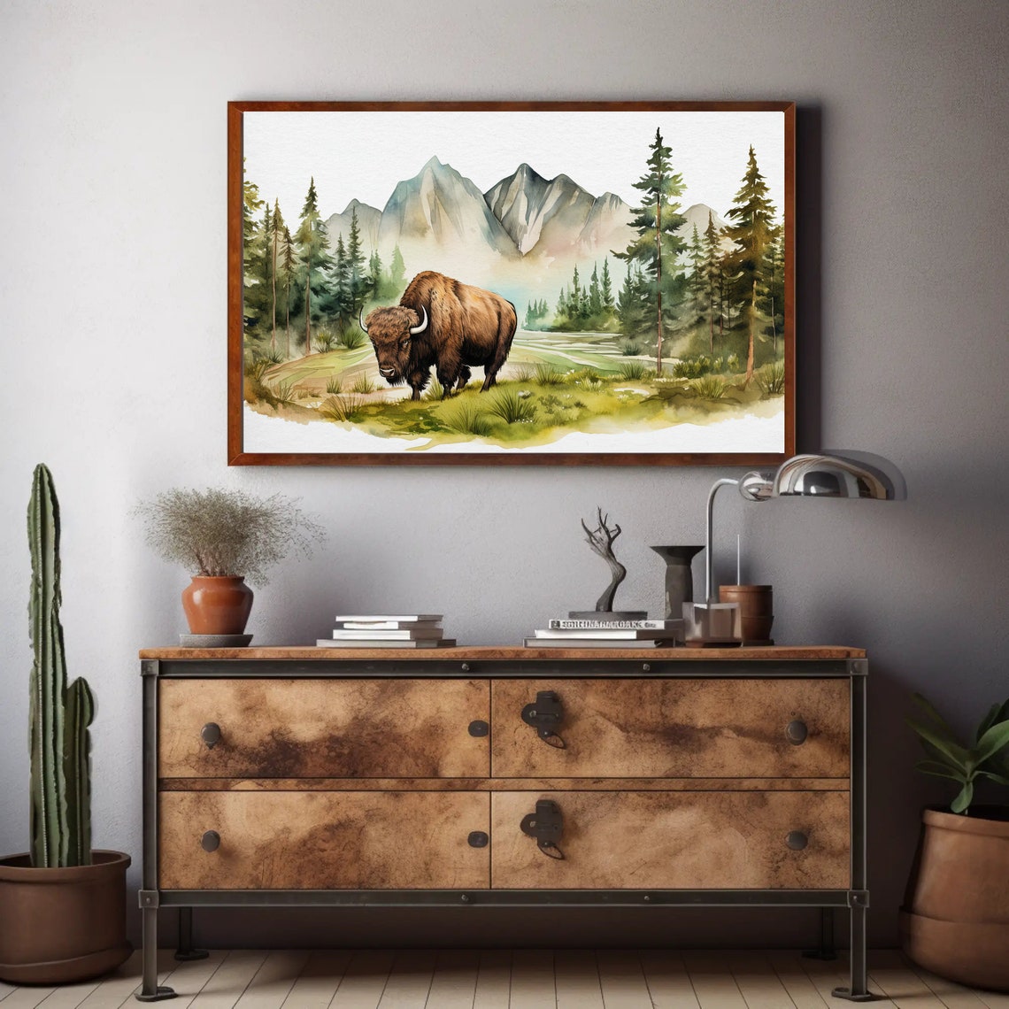 Bison in Mountain Forest Watercolor Wildlife Nature Decor Poster - Image 2