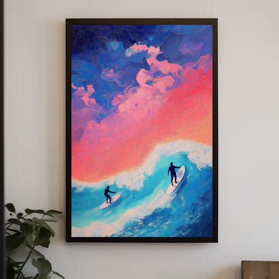 Surfers In The Ocean Colorful Oil Painting Print Coastal Wall Art Framed Beach Decor For Living Room Or Office Ready To Hang