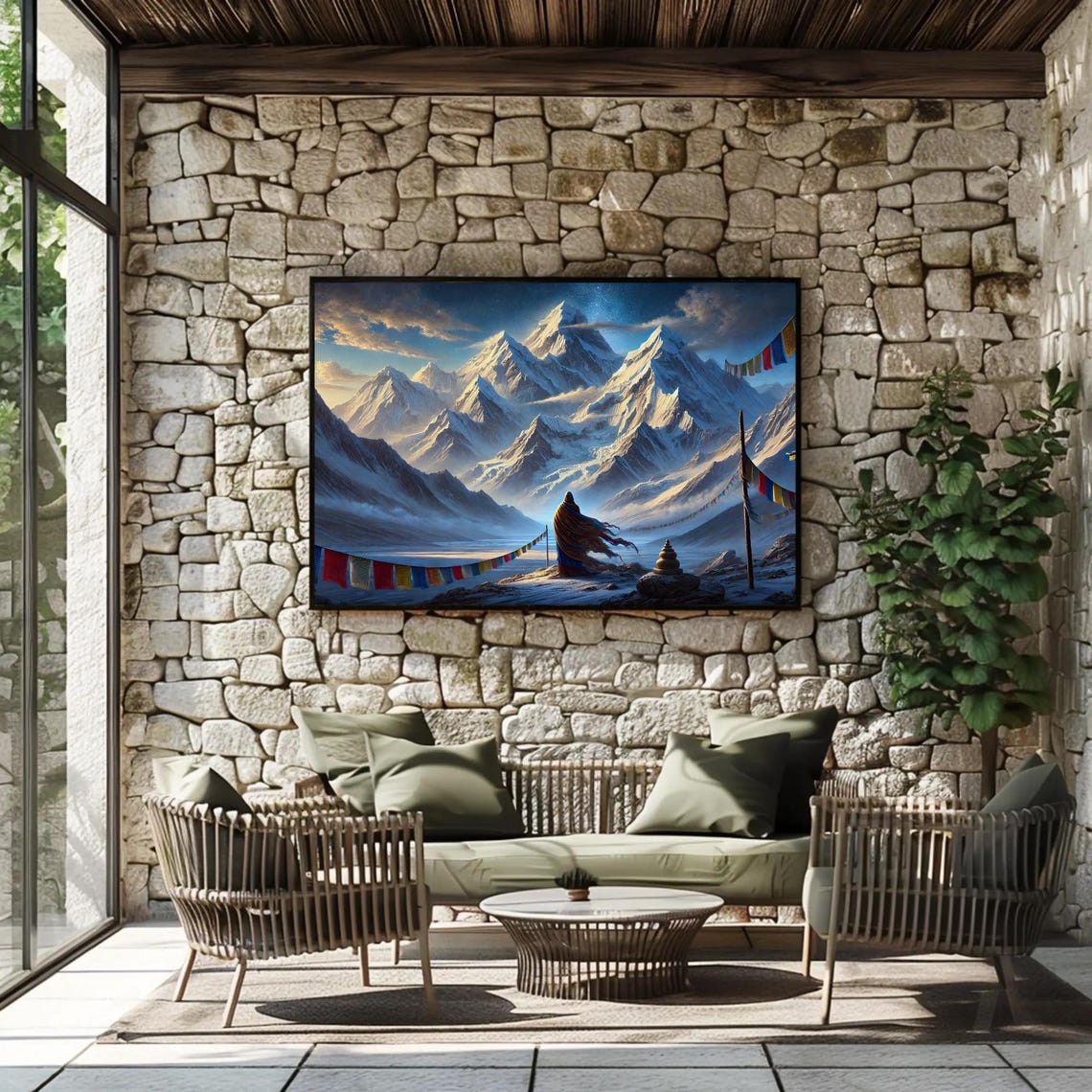 Snow Capped Himalayan Peaks Monk And Prayer Flags Sunrise Poster - Image 2