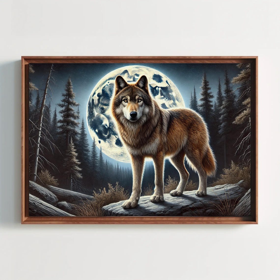 Wolf Full Moon Night Pine Forest Standing Majestic Wildlife Poster