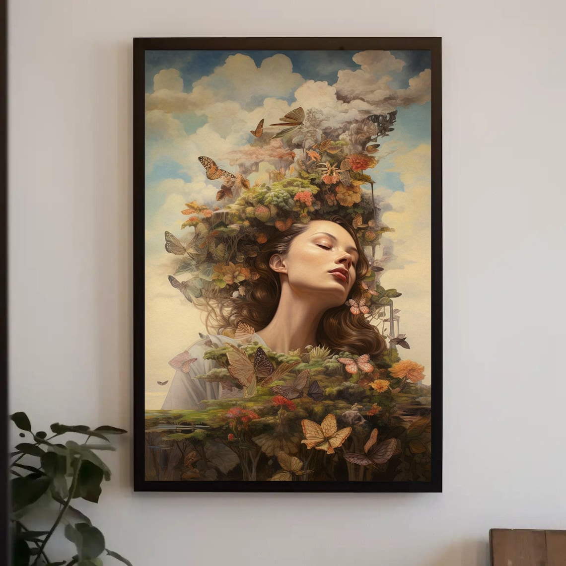 Dreamy Woman with Butterflies and Flowers Rising from Her Hair Poster