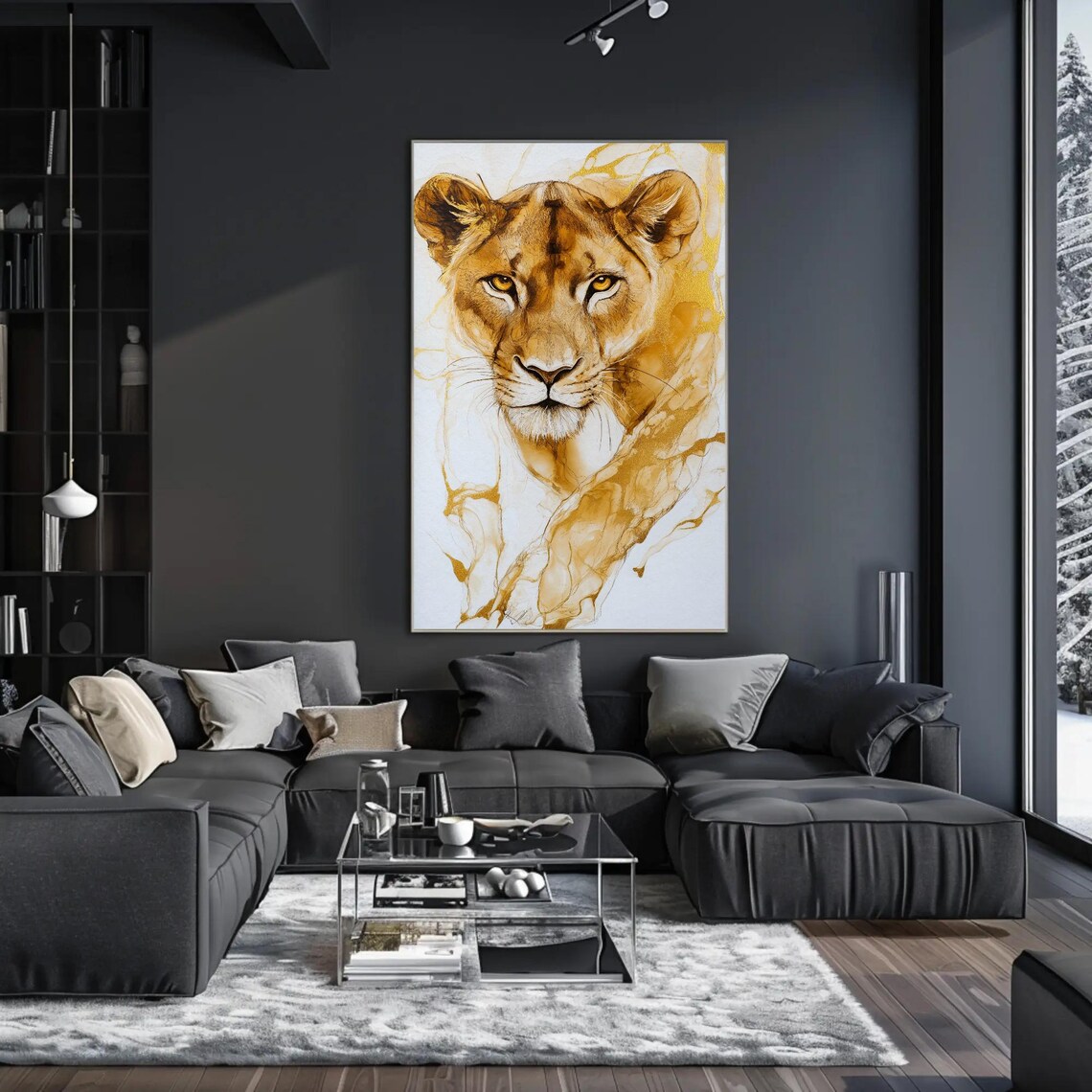 Regal Golden Lioness Portrait With Flowing Gold Ink Washes Poster - Image 2