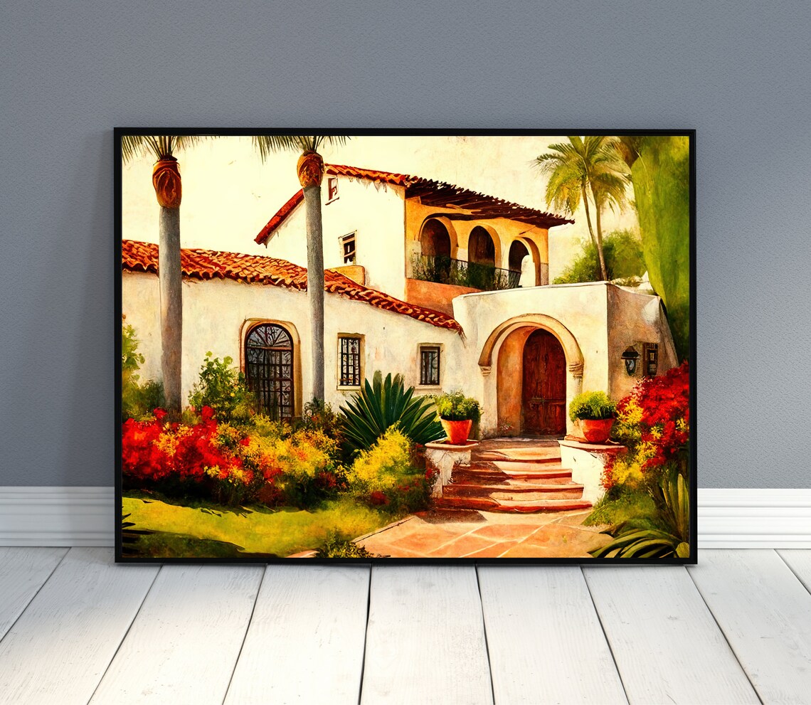Mexican White Hacienda Red Tile Roof Palm Garden Tropical Art Poster - Image 2