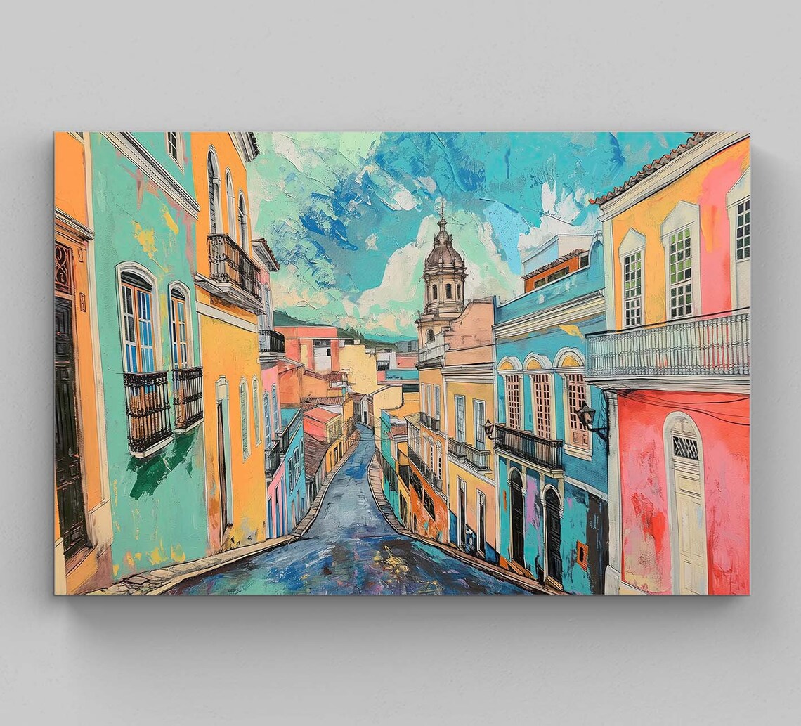 Salvador Bahia Brazil Street Scene Oil Painting Poster Colorful Town